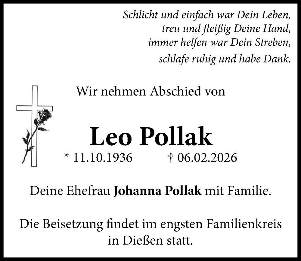  Traueranzeige für Leo Pollak vom 18.02.2026 aus Landsberger Tagblatt
