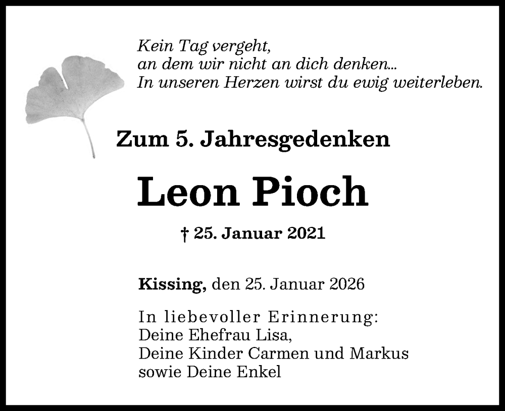  Traueranzeige für Leon Pioch vom 25.02.2026 aus Friedberger Allgemeine, Augsburger Allgemeine