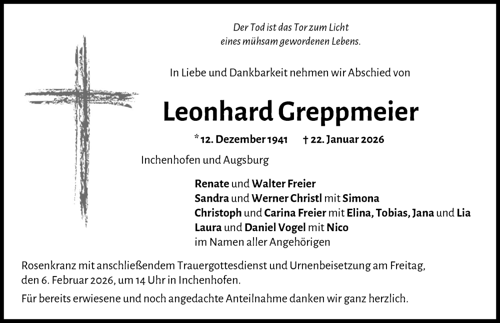  Traueranzeige für Leonhard Greppmeier vom 03.02.2026 aus Aichacher Nachrichten
