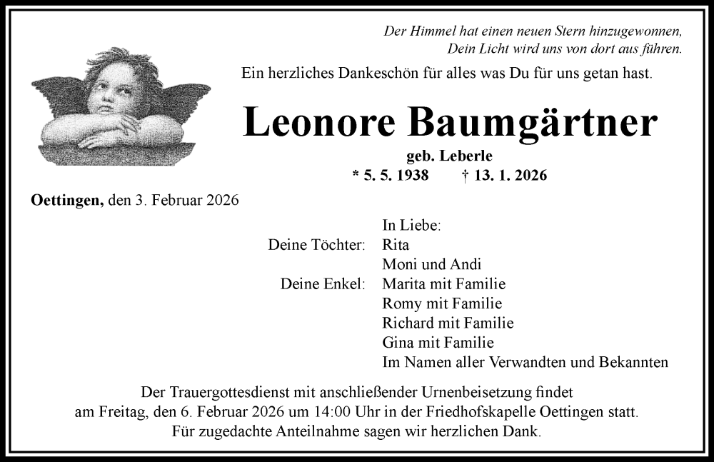  Traueranzeige für Leonore Baumgärtner vom 03.02.2026 aus Rieser Nachrichten