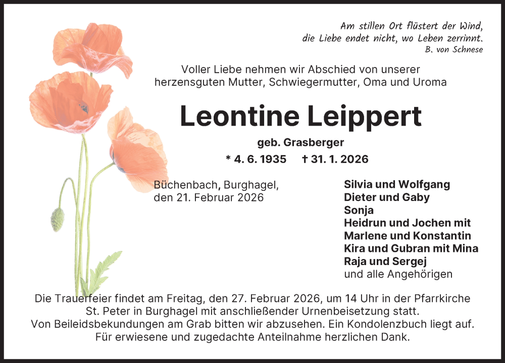  Traueranzeige für Leontine Leippert vom 21.02.2026 aus Donau Zeitung