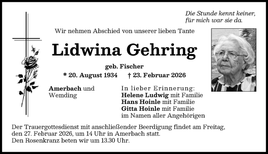 Traueranzeige von Lidwina Gehring von Donauwörther Zeitung