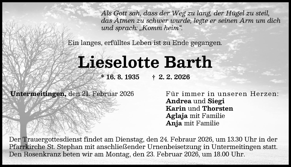  Traueranzeige für Lieselotte Barth vom 21.02.2026 aus Schwabmünchner Allgemeine