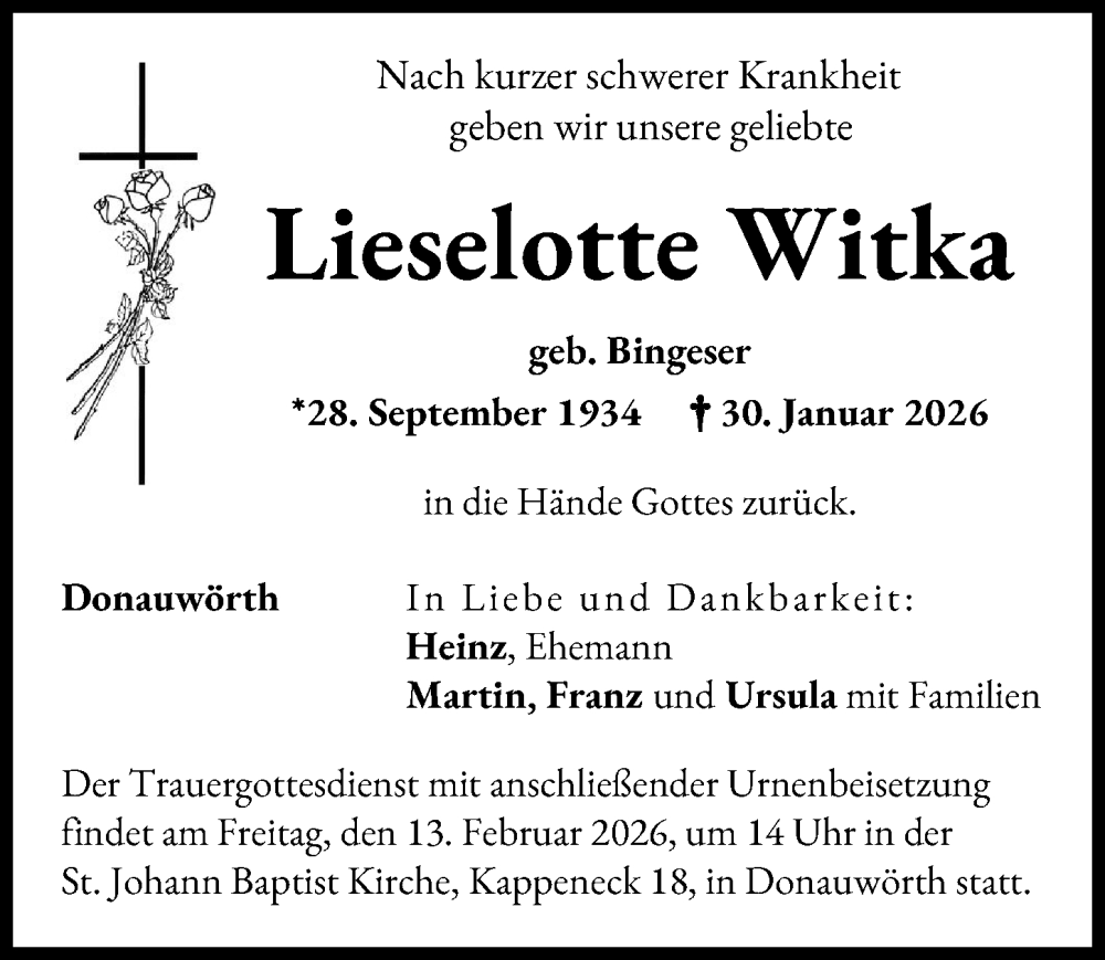  Traueranzeige für Lieselotte Witka vom 09.02.2026 aus Donauwörther Zeitung