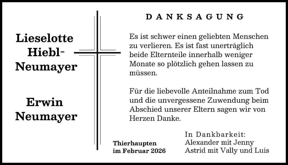  Traueranzeige für Liselotte  Erwin Neumayer vom 27.02.2026 aus Augsburg-Land