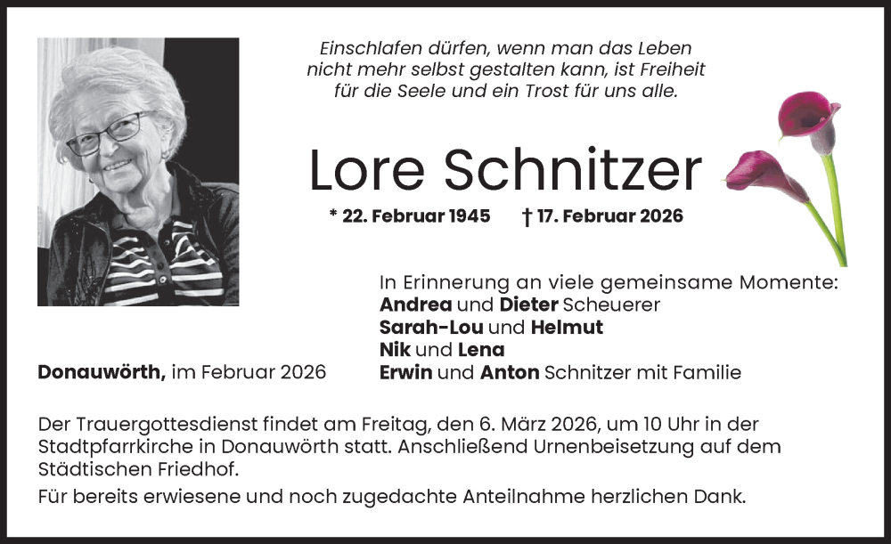  Traueranzeige für Lore Schnitzer vom 28.02.2026 aus Donauwörther Zeitung