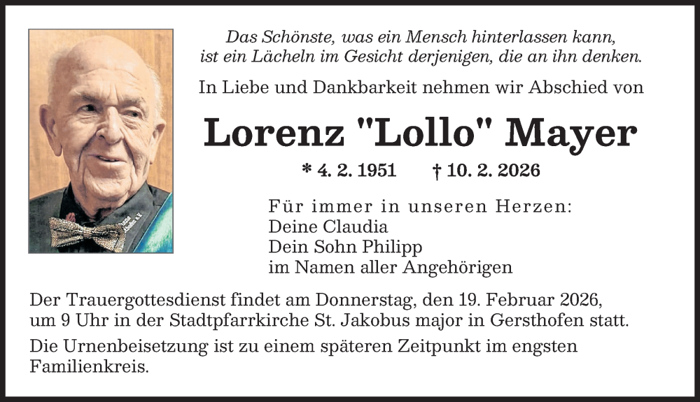  Traueranzeige für Lorenz Mayer vom 14.02.2026 aus Augsburger Allgemeine
