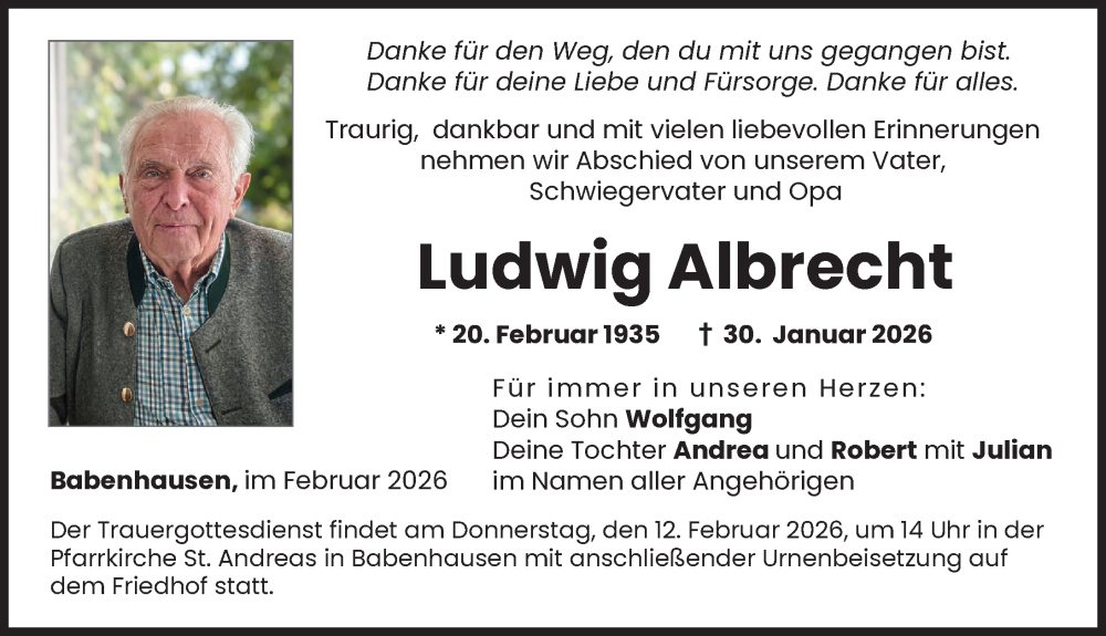  Traueranzeige für Ludwig Albrecht vom 10.02.2026 aus Illertisser Zeitung