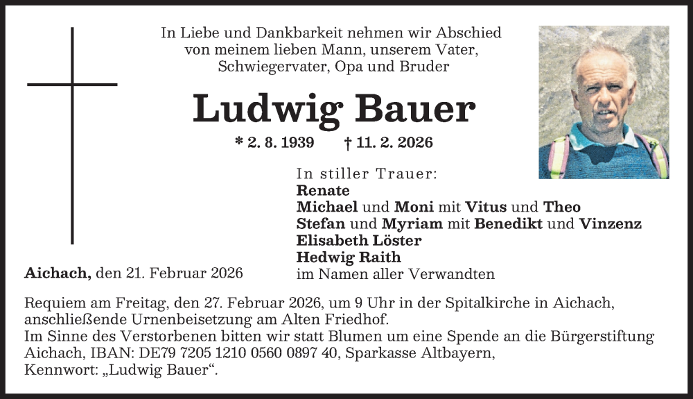 Traueranzeige für Ludwig Bauer vom 21.02.2026 aus Aichacher Nachrichten