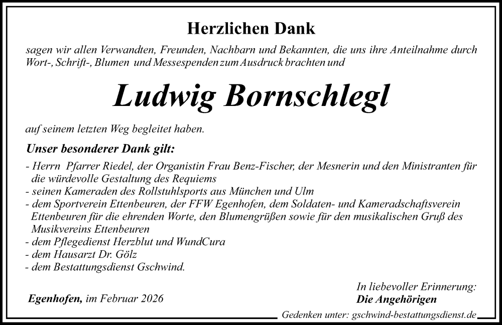 Traueranzeige von Ludwig Bornschlegl von Günzburger Zeitung