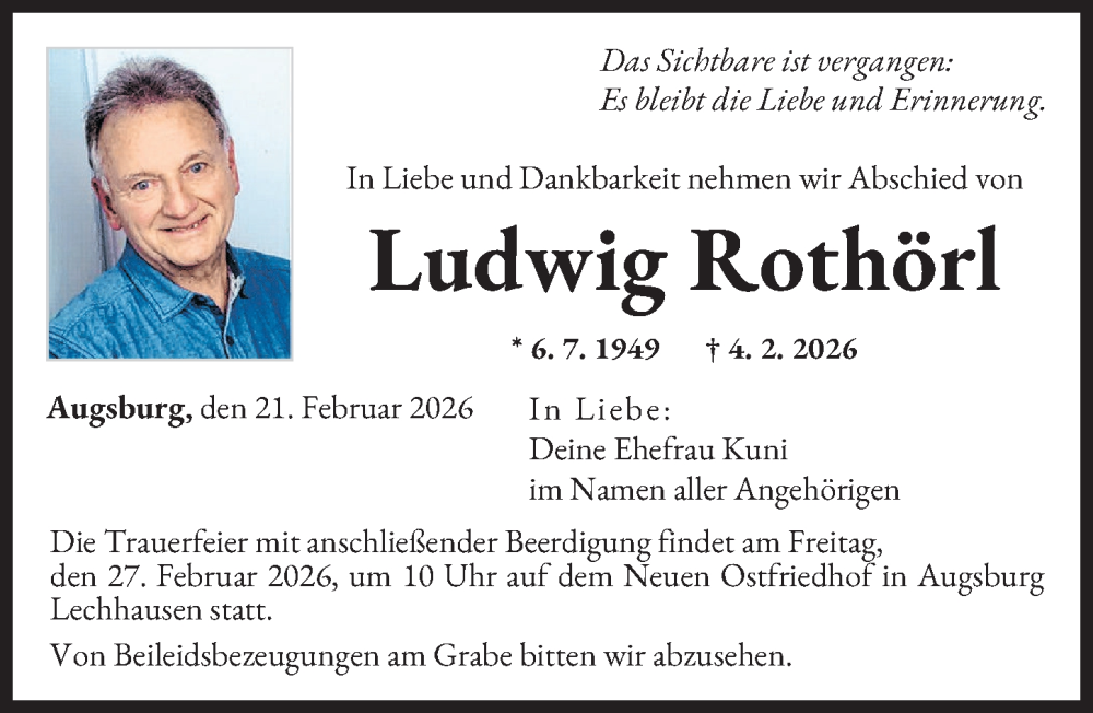  Traueranzeige für Ludwig Rothörl vom 21.02.2026 aus Augsburger Allgemeine