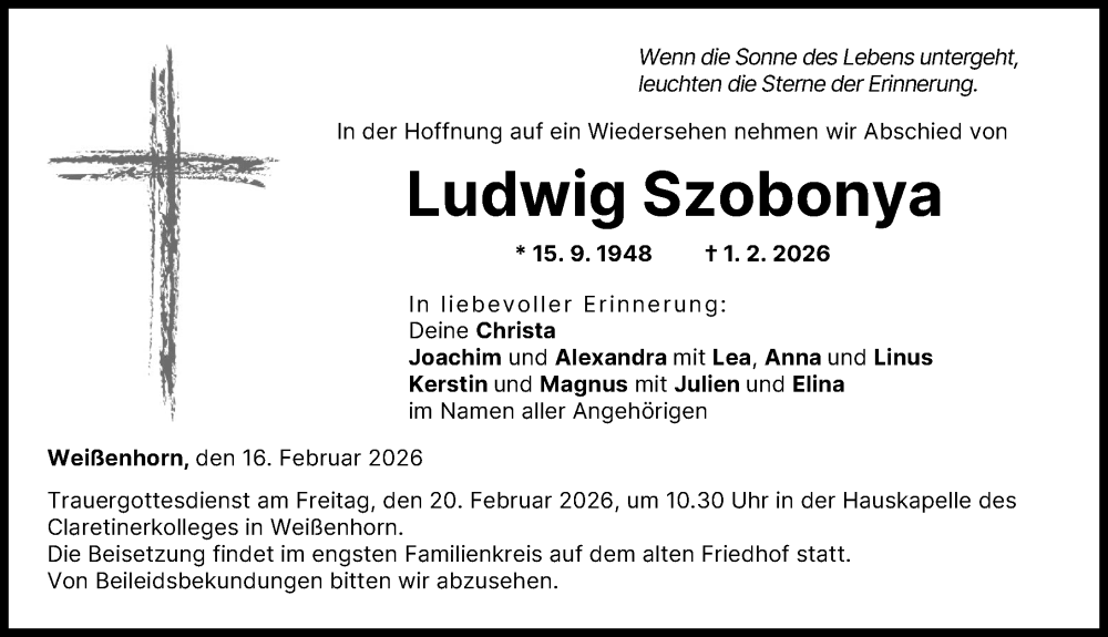  Traueranzeige für Ludwig Szobonya vom 16.02.2026 aus Neu-Ulmer Zeitung