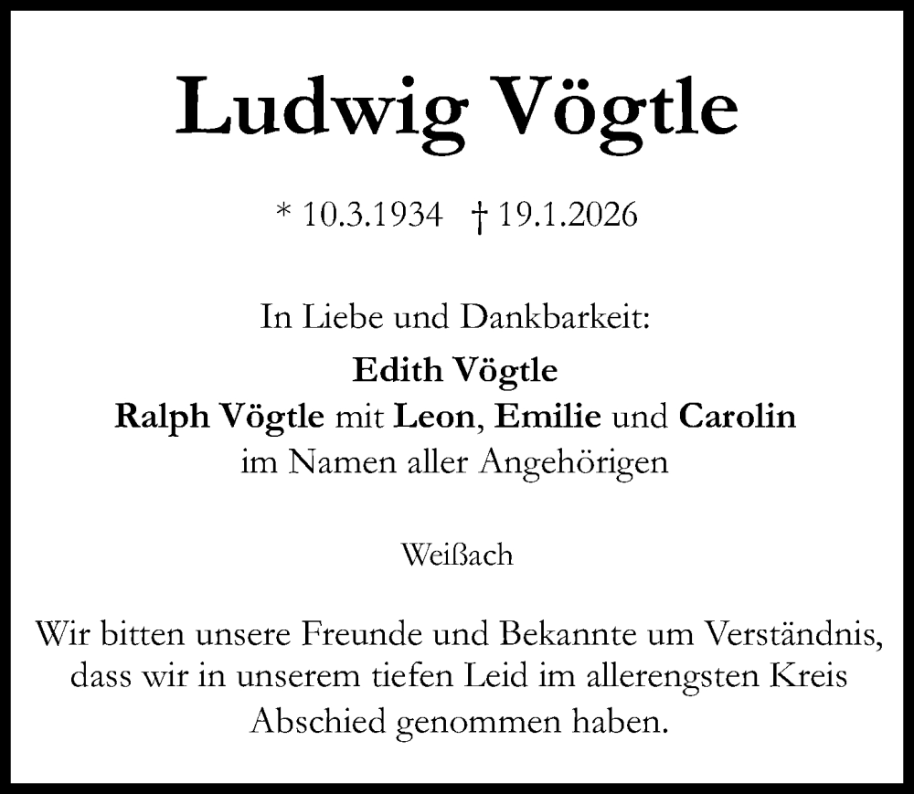  Traueranzeige für Ludwig Vögtle vom 07.02.2026 aus Augsburger Allgemeine