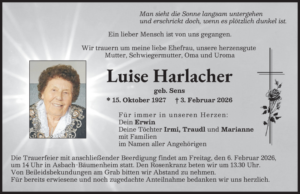  Traueranzeige für Luise Harlacher vom 04.02.2026 aus Donauwörther Zeitung