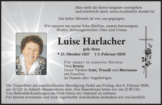 Traueranzeige von Luise Harlacher von Donauwörther Zeitung