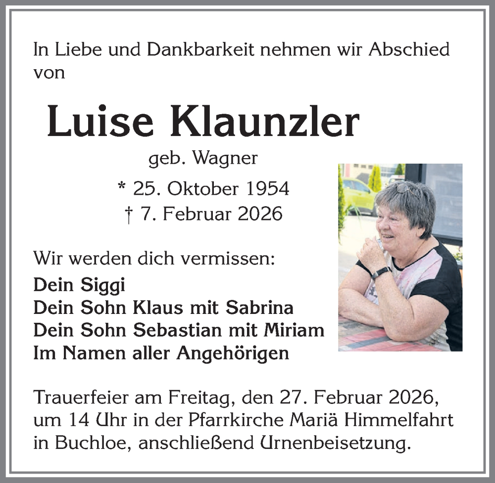  Traueranzeige für Luise Klaunzler vom 21.02.2026 aus Mindelheimer Zeitung