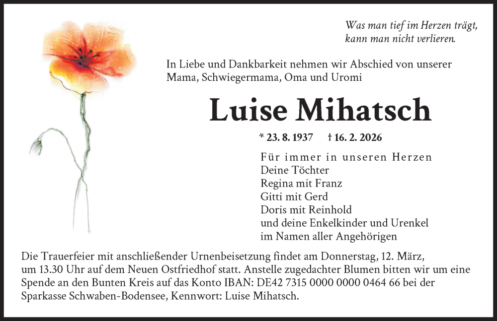  Traueranzeige für Luise Mihatsch vom 28.02.2026 aus Augsburger Allgemeine