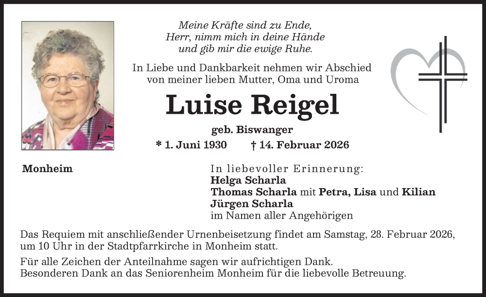  Traueranzeige für Luise Reigel vom 25.02.2026 aus Donauwörther Zeitung