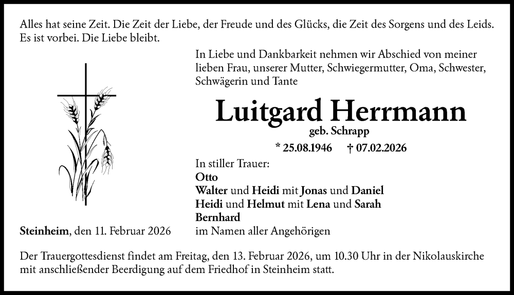  Traueranzeige für Luitgard Herrmann vom 11.02.2026 aus Neu-Ulmer Zeitung, Augsburger Allgemeine