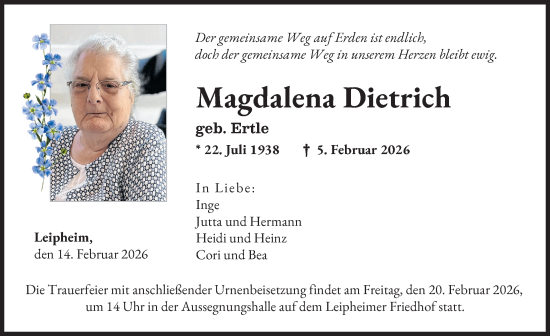 Traueranzeige von Magdalena Dietrich von Günzburger Zeitung