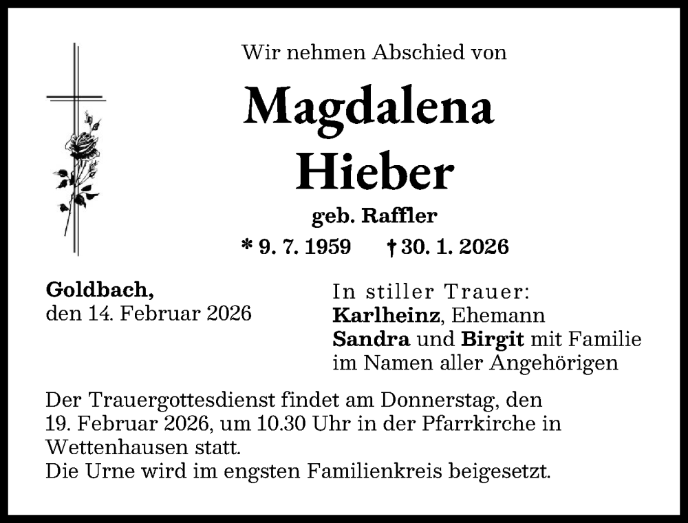  Traueranzeige für Magdalena Hieber vom 14.02.2026 aus Günzburger Zeitung