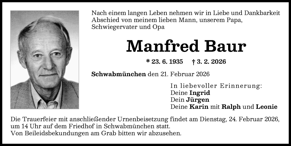  Traueranzeige für Manfred Baur vom 21.02.2026 aus Schwabmünchner Allgemeine