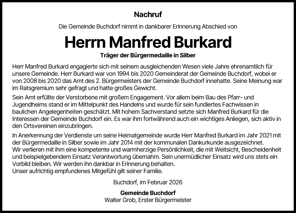  Traueranzeige für Manfred Burkard vom 12.02.2026 aus Donauwörther Zeitung