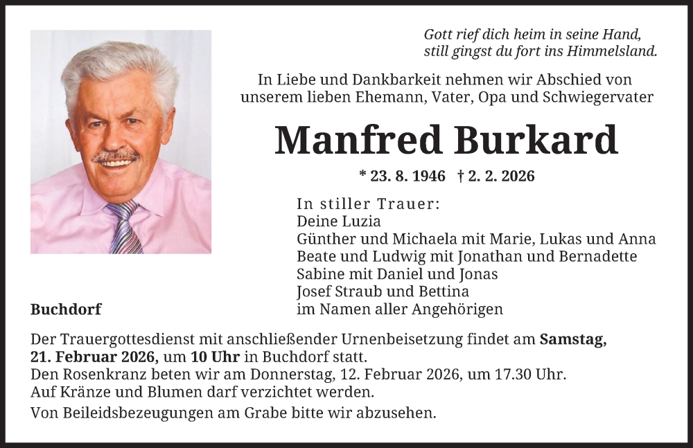  Traueranzeige für Manfred Burkard vom 11.02.2026 aus Donauwörther Zeitung