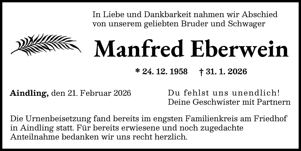  Traueranzeige für Manfred Eberwein vom 21.02.2026 aus Aichacher Nachrichten