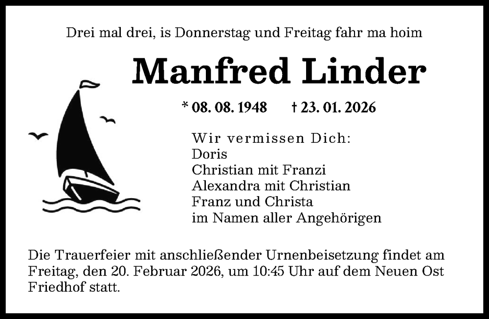  Traueranzeige für Manfred Linder vom 14.02.2026 aus Augsburger Allgemeine