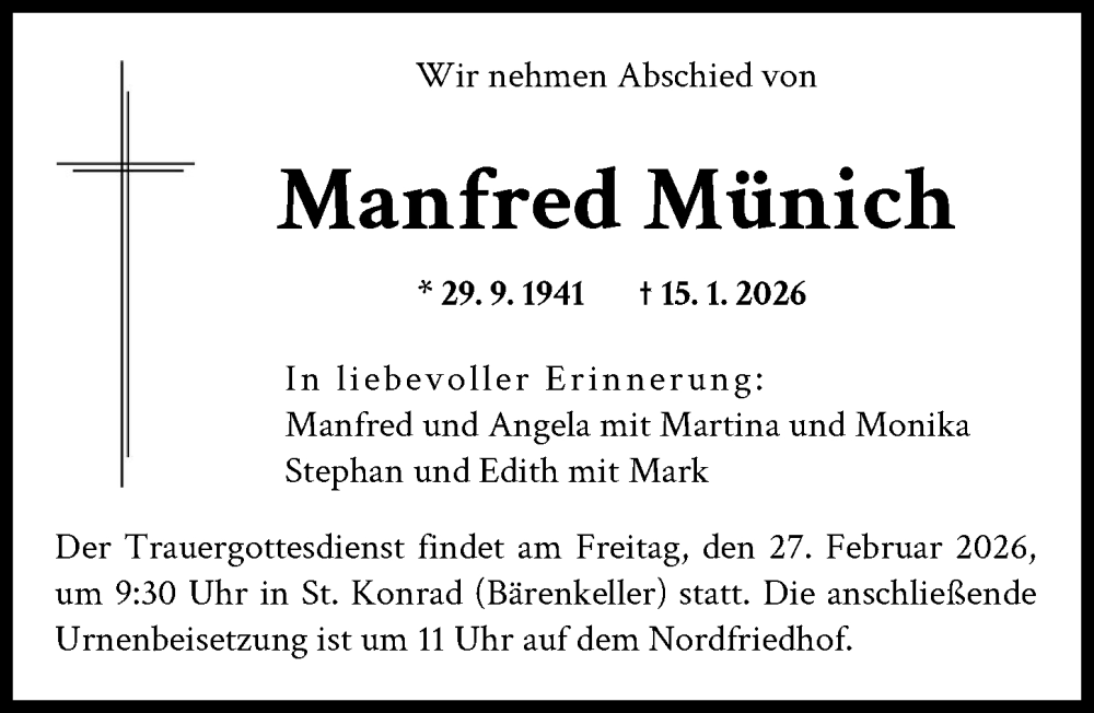  Traueranzeige für Manfred Münich vom 21.02.2026 aus Augsburger Allgemeine