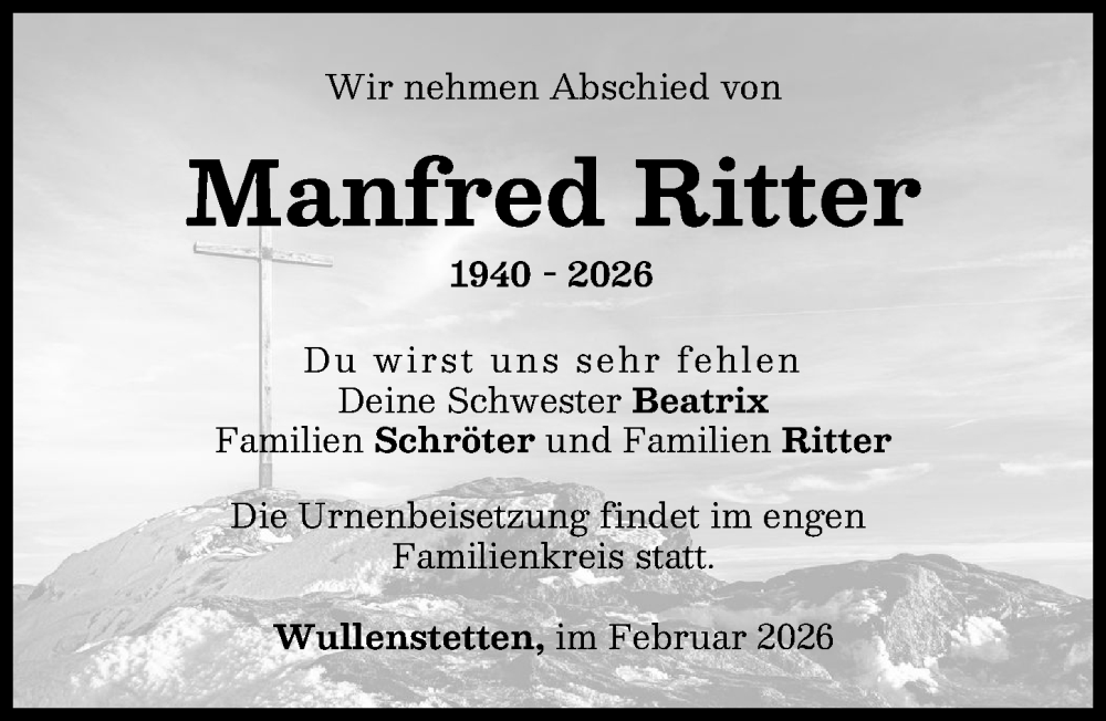  Traueranzeige für Manfred Ritter vom 21.02.2026 aus Neu-Ulmer Zeitung