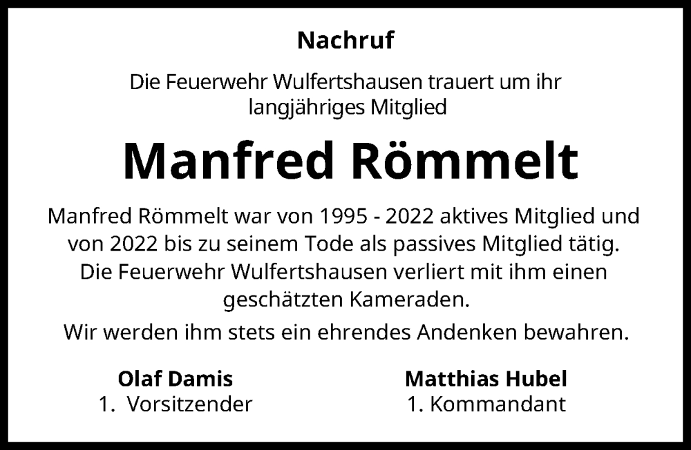  Traueranzeige für Manfred Römmelt vom 14.02.2026 aus Friedberger Allgemeine