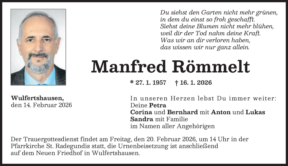  Traueranzeige für Manfred Römmelt vom 14.02.2026 aus Friedberger Allgemeine