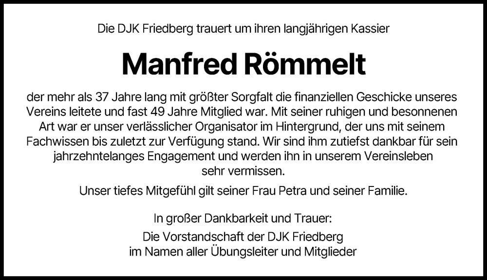  Traueranzeige für Manfred Römmelt vom 14.02.2026 aus Friedberger Allgemeine