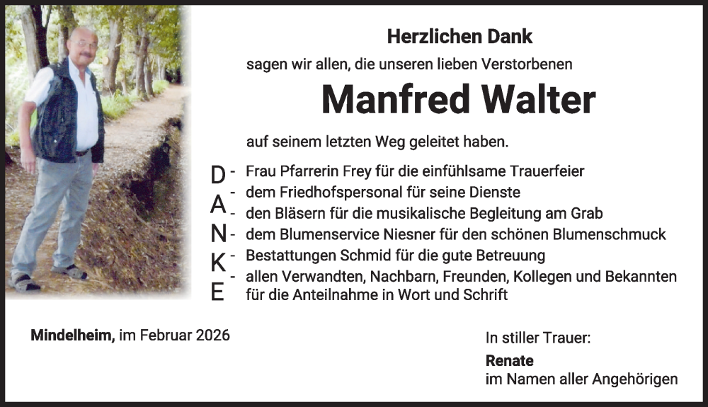  Traueranzeige für Manfred Walter vom 04.02.2026 aus Mindelheimer Zeitung