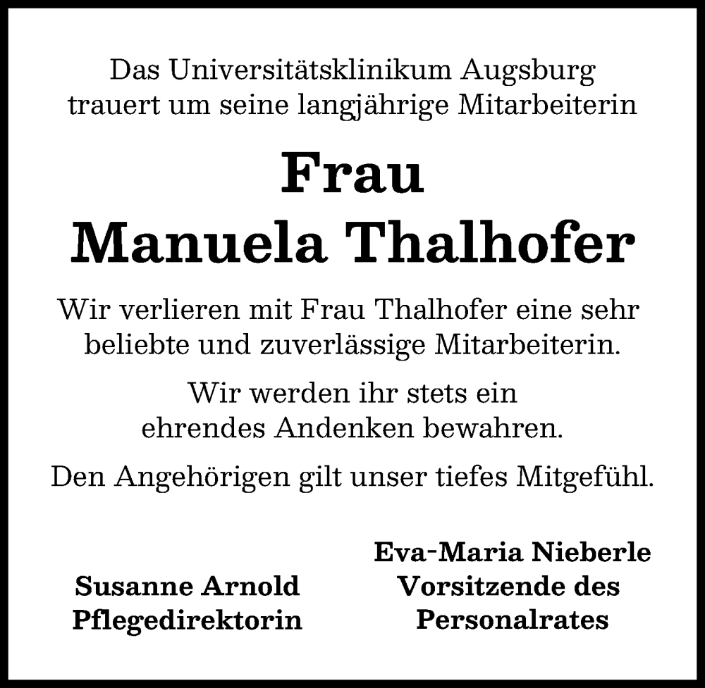  Traueranzeige für Manuela Thalhofer vom 21.02.2026 aus Augsburger Allgemeine