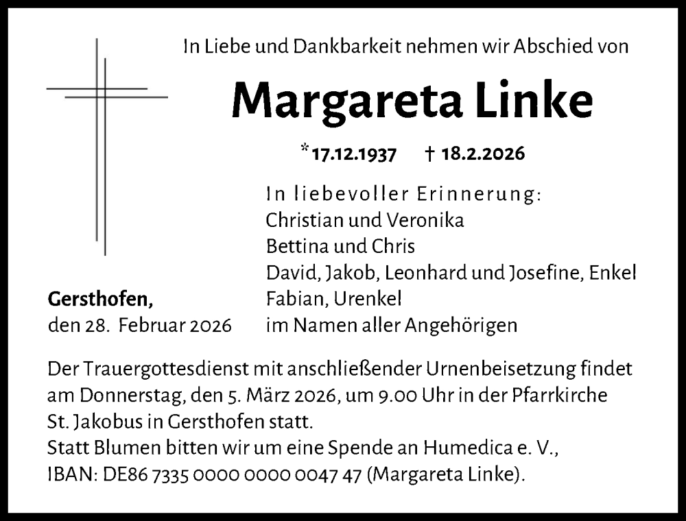  Traueranzeige für Margareta Linke vom 28.02.2026 aus Augsburger Allgemeine