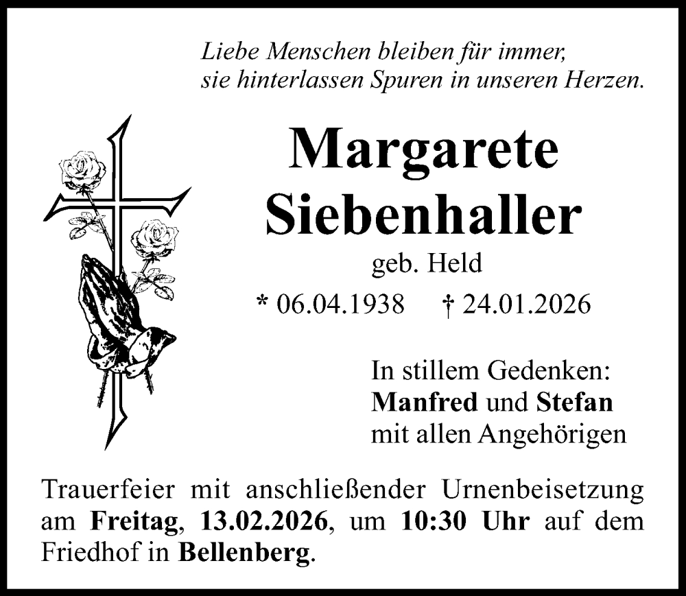  Traueranzeige für Margarete Siebenhaller vom 07.02.2026 aus Illertisser Zeitung