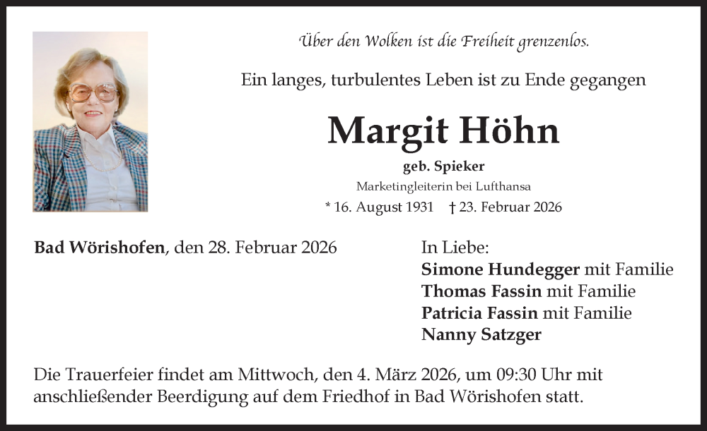 Traueranzeige von Margit Höhn von Mindelheimer Zeitung