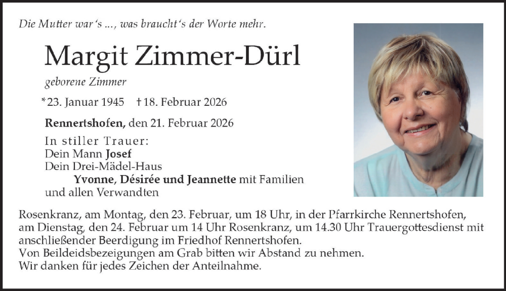  Traueranzeige für Margit Zimmer-Dürrl vom 21.02.2026 aus Neuburger Rundschau