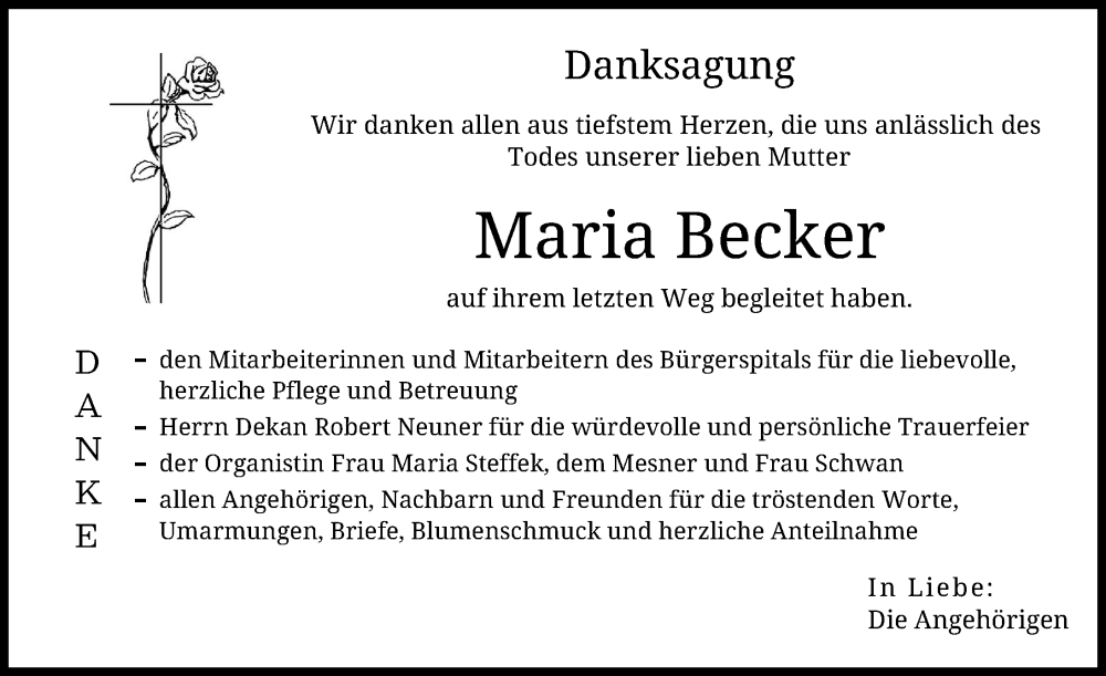 Traueranzeige von Maria Becker von Donauwörther Zeitung