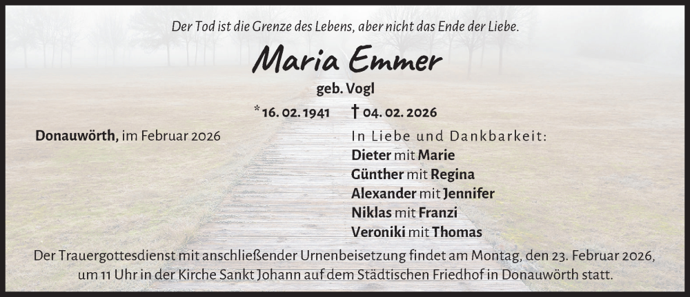  Traueranzeige für Maria Emmer vom 19.02.2026 aus Donauwörther Zeitung