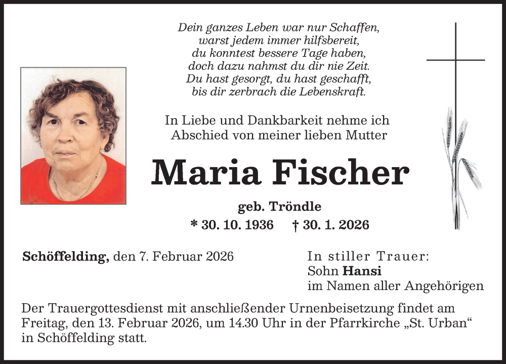  Traueranzeige für Maria Fischer vom 07.02.2026 aus Landsberger Tagblatt