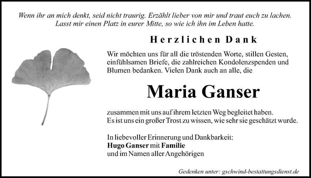 Traueranzeige von Maria Ganser von Mittelschwäbische Nachrichten, Günzburger Zeitung