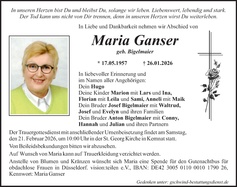  Traueranzeige für Maria Ganser vom 14.02.2026 aus Mittelschwäbische Nachrichten, Günzburger Zeitung