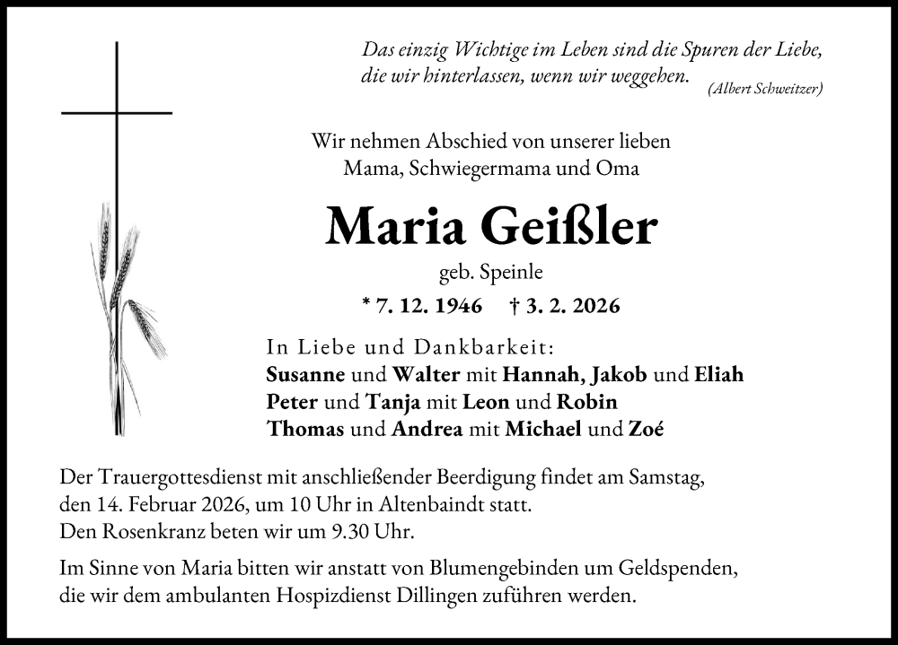  Traueranzeige für Maria Geißler vom 11.02.2026 aus Donau Zeitung