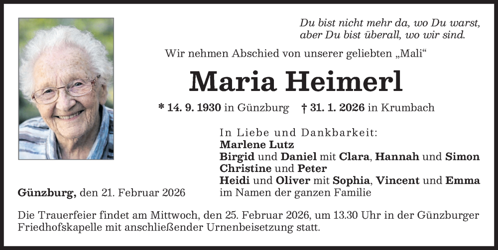  Traueranzeige für Maria Heimerl vom 21.02.2026 aus Günzburger Zeitung