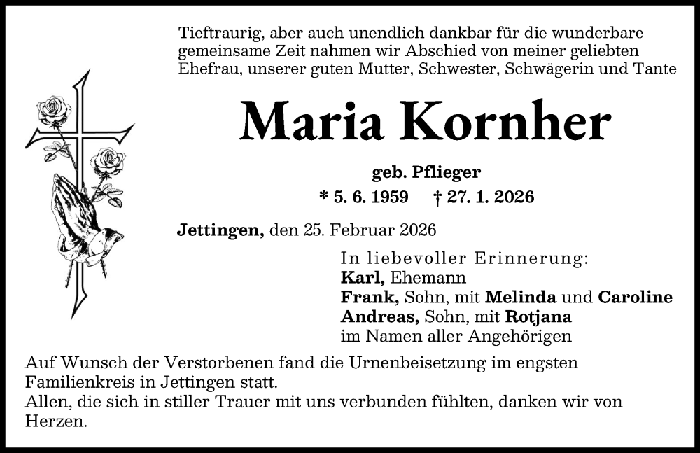  Traueranzeige für Maria Kornher vom 25.02.2026 aus Günzburger Zeitung