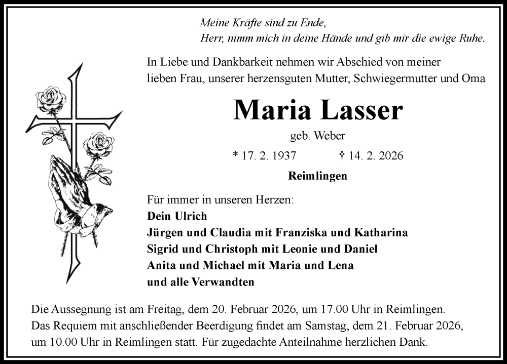  Traueranzeige für Maria Lasser vom 18.02.2026 aus Rieser Nachrichten